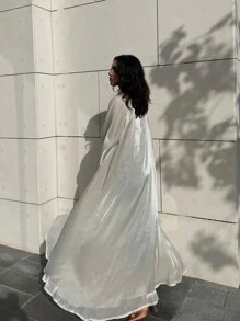 1件女士優雅開襟閃亮絲質阿巴亞，適合日常聚會，阿拉伯穆斯林土耳其寬鬆長袍