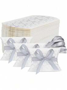 10pcs/Set Gold & Silver Foil Floral Pattern Gift Boxes, Ribbon Bow Decor Wedding Pillow Boxes, Birthday Party Packaging Boxes - 10pcs - View 9