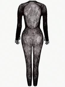 1 pieza Lencería sexy body stocking de manga larga con diseño calado y transparente sin ropa interior para el Día de San Valentín, para salir de fiesta - Negro - Ver 4