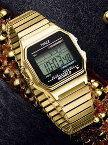 Timex Classic Digital Display Quartz Watch 80s Digital 34mm Stainless Steel Band Watches For Men Business Casual Daily Use,Gold - Gold - View 2