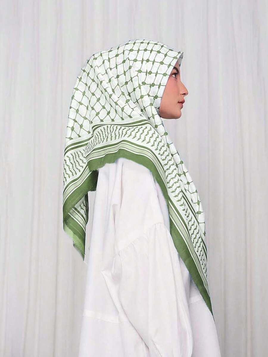 115*115cm尺寸雪紡Keffiyeh方巾頭巾伊斯蘭阿拉伯頭部頸部圍巾頭巾印尼流行的妮賈馬來西亞Turban時裝穆斯林女士圍巾頭巾，頭帶，頭箍，可理想地打扮你的造型 - 綠色 - 查看 1