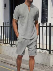2 件套男友风格男士运动套装，速干短袖衬衫和短裤，华夫格图案休闲户外服装，夏季纯色运动服 - 灰色 - 查看 1