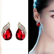 1 Đôi Thương Hiệu Hàn Quốc Hình Học Hình Thoi Hình Giả Bông Tai Pha Lê, Thời Trang Và Không Gây Dị Ứng Cho Nữ, Màu Đỏ, quà Tặng Sinh Nhật - Bông tai hình giọt nước màu đỏ cánh giọt nước (Mã hàng số 34) - Xem 3