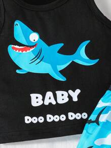 男宝宝夏季鲨鱼字母印花无袖上衣和短裤休闲套装 - 黑色 - 查看 4