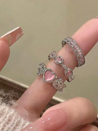 3 件时尚开口戒指，带心形水钻装饰，适合女性日常佩戴情人节