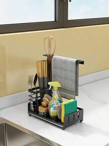 This Dishcloth Storage Rack Is Designed To Hold Multiple Dishcloths Or Towels, Keeping Your Kitchen Organized And Tidy. It Is The Perfect Storage Solution For Any Kitchen. The Dishcloth Storage Rack Is Not Just For Dishcloths. It Can Also Be Used To Store Kitchen Towels, Gloves, And Other Kitchen Essentials. It Can Be Used Stand-Alone Or Mounted On The Wall To Save The Minimal Amount Of Space In Your Kitchen. Made Of Sturdy Metal, It Ensures To Withstand The Test Of Time. The Surface Is Rust-Resistant And Aesthetically , Blending In Well With Any Kitchen Decor. - Black - View 5