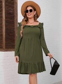 Women's Plus Size A Line High Waist Ruffle Square Neck Belted Long Sleeve Dress Midi Dress With Belted - 軍綠色 - 查看 3