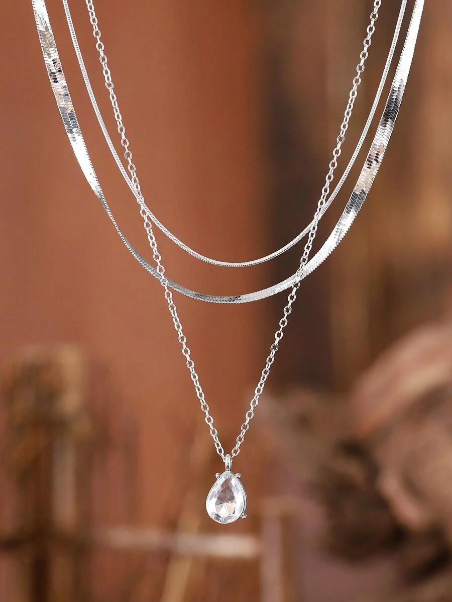 3 piezas Collar de cadena con diseño de diamante de imitación - Plateado - Ver 1