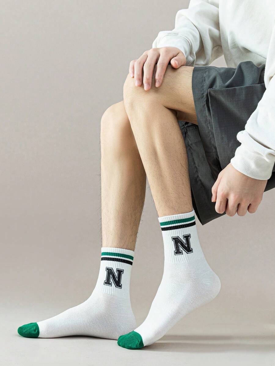 1/2/3/4 双男式米色数字条纹休闲复古街头风格运动中筒袜 - 米色 - 查看 1