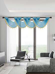 1入簡約歐式風格聚酯紗簾，帶有串珠邊緣設計，適用於客廳、臥室、窗戶和門的裝飾 - 藍色 - 查看 11