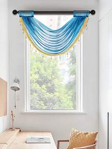 1入簡約歐式風格聚酯紗簾，帶有串珠邊緣設計，適用於客廳、臥室、窗戶和門的裝飾 - 藍色 - 查看 3