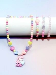 Set de 4 piezas de joyería con cuentas y encantos de sirena lindos para niñas, incluye pulsera, collar, en colores aleatorios, adecuado para uso diario