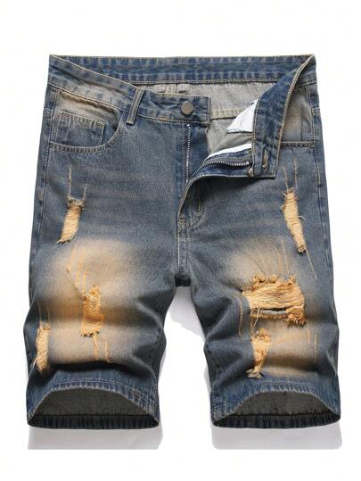 Distressed Hole Casual Straight Fit Men's Denim Shorts, Zipper Closure, Non-Stretch, Washed Blue, Summer