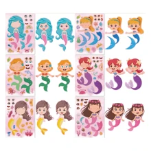 8/16/24/32张美人鱼主题卡通脸贴纸，适合DIY手工制作和生日派对用品 - 彩色 - 查看 6