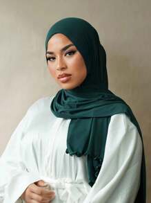1pc Ear Edges Ornament Women's Casual Solid Color Hijab Modal Soft Headscarf, Arab Style Scarf For Modesty, Suitable For Daily Use Abaya Accessories - Green - View 2