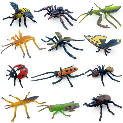 12pcs Realistic Insect Animal Models, Random Selection, 1-3 Inches In Size, Solid PVC Material, Bees, Spiders, Praying Mantises, Crickets, Mosquitoes, Butterflies, Ladybugs, Beetles, Ants, Stick Insects, Grasshoppers, Stag Beetles, Educational And Festival Toys, Prank Toys, Kids' Insect Animal Model Toys Room Decoration