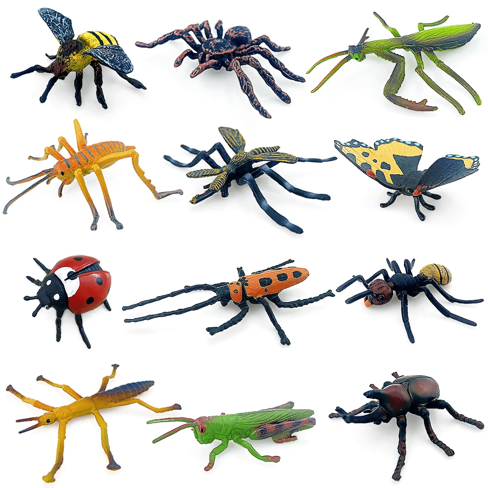 12 Styles 1-3Inch Solid Hand-Painted PVC Insect Models, Bee Spider Mantis Ladybug Unicorn Beetle, Educational Prank Toy, Kids Holiday Cake Decor Gift