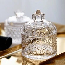 1pc Crystal Vintage Crown Candy Jar - Glass Storage Box - Jewelry Box - Sealed Jar - Sugar Cube Container - Embossed Lid - Transparent - View 4