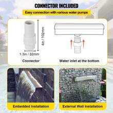 Pool Fountain Stainless Steel Pool Waterfall Spillway With Pipe Connector Rectangular Garden Outdoor (17.7\") - Silver - View 5