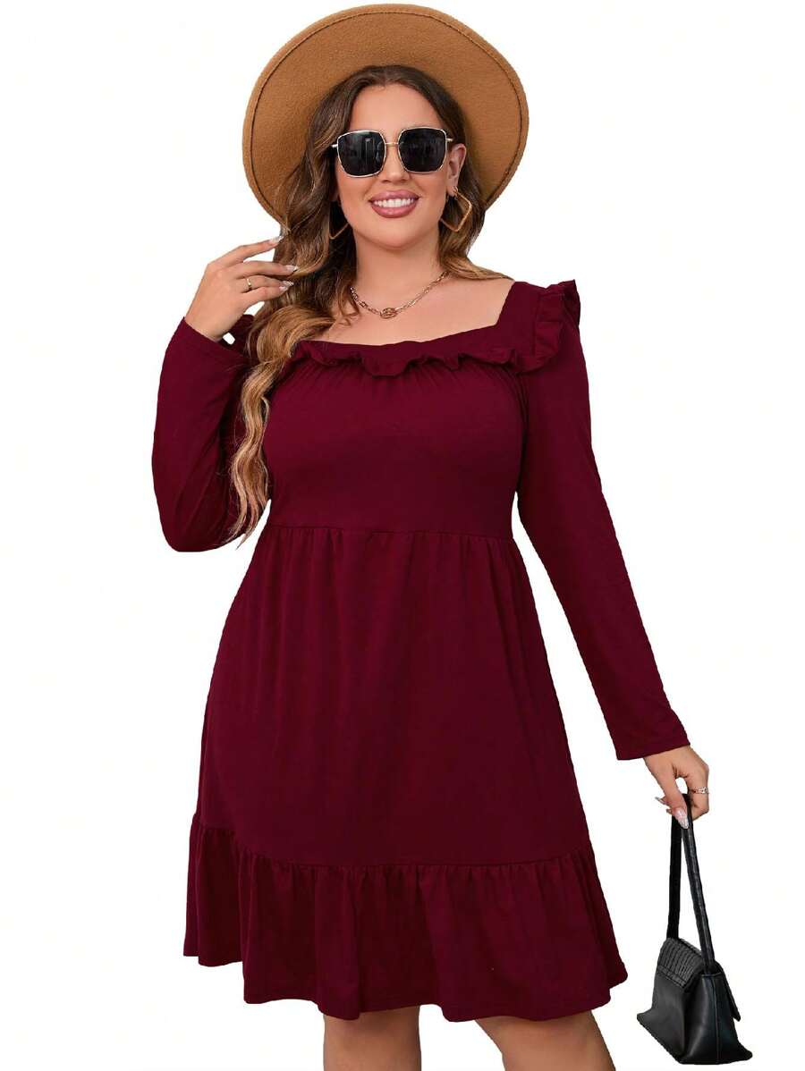 Women's Plus Size A Line High Waist Ruffle Square Neck Belted Long Sleeve Dress Midi Dress With Belted - 酒紅色 - 查看 1