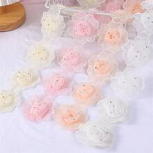 4 piezas Material para accesorios de boda delicados de encaje de flores soluble en agua de leche con pedrería 3D hecha a mano, etiqueta adhesiva de tela - rosa jade - Ver 3