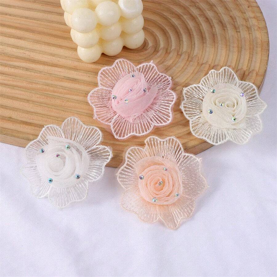 4 piezas Material para accesorios de boda delicados de encaje de flores soluble en agua de leche con pedrería 3D hecha a mano, etiqueta adhesiva de tela - rosa jade - Ver 1