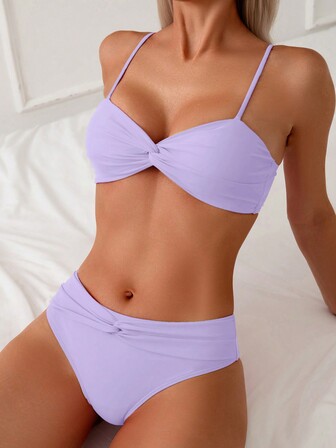 Women's Summer Beach Solid Color Twist Front  Bikini Set