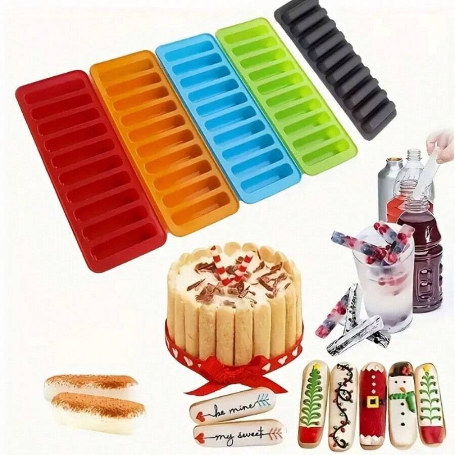 1入組，10格連續長型矽膠冰淇淋巧克力蛋糕模，餅乾模，蠟瓶糖果模，10格連續條形餅乾模，蛋糕烘焙模型，食品盒，火腿腸熱狗烘焙模具，高溫耐受