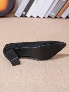 Women's Pointed Toe Suede High-Heeled Shoes, Block Heel, Slip-On, Comfortable - Black - View 7