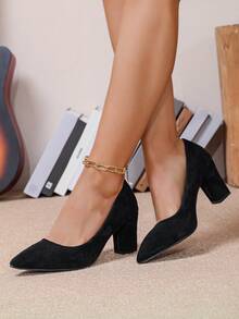 Women's Pointed Toe Suede High-Heeled Shoes, Block Heel, Slip-On, Comfortable - Black - View 2