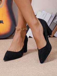 Women's Pointed Toe Suede High-Heeled Shoes, Block Heel, Slip-On, Comfortable - Black - View 3