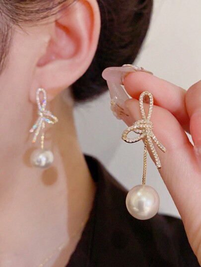1pair Luxury Cubic Zirconia Bowknot & Faux Pearl Droplet Earrings For Women, Suitable For Bridal Wedding Party Or Evening Events Halloween Valentine's Day Valentines