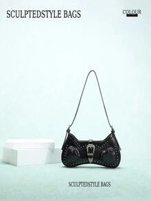 1 pieza Bolso de sobaco de unicolor estilo gótico de PU con remaches punk, bolso de hombro de motocicleta chica cool y dulce para San Valentín - Negro - Ver 1