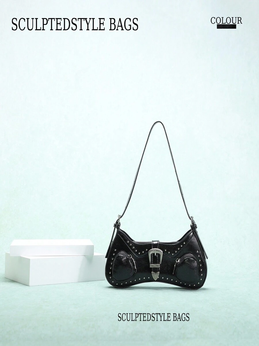 1 pieza Bolso de sobaco de unicolor estilo gótico de PU con remaches punk, bolso de hombro de motocicleta chica cool y dulce para San Valentín - Negro - Ver 1