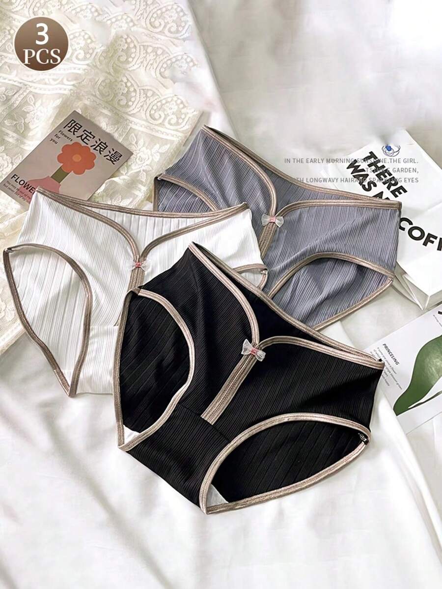 3 Cái/bộ Nữ Gợi Cảm Nhẹ Màu Trơn Tam Giác Quần Lót Có Nơ Trang Trí, Giữa Eo Và Hở Đáy Quần Thiết Kế - Nhiều màu - Xem 1