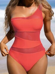 Bañador una pieza de malla en contraste de un hombro malla transparente retazo,Navidad, Regalo de Navidad, Invierno, Día de Acción de Gracias, Decoración Navideña, Maquillaje, Fiesta, Playa, Viajes, Ropa de Vacaciones, Rosa, Años 2000, Ofertas, ,Regalo. - Rosa Fucsia - Ver 3