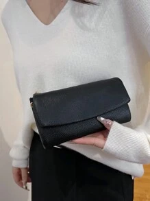 Women's Tri-Fold Wallet, Stylish Solid Color Purse - Black - View 1