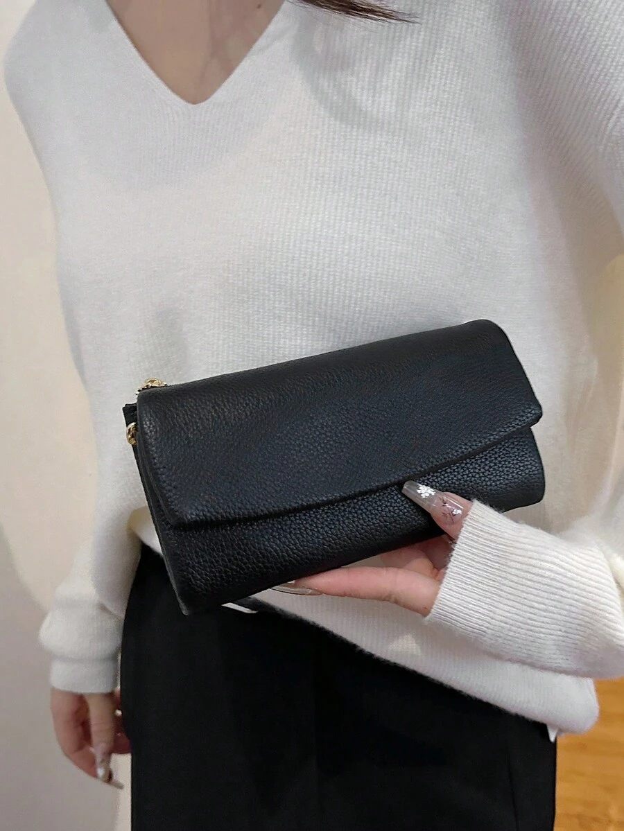 Women's Tri-Fold Wallet, Stylish Solid Color Purse - Black - View 1