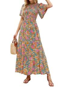 Ladies Round Neck Flared Sleeve Pleated Printed Dress - Baby Blue - View 5