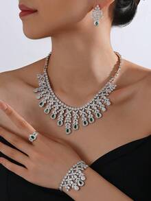 4 件迪拜中东豪华宴会项链、手链、耳环、戒指套装、沙特阿拉伯新娘婚礼微型密镶绿色锆石流苏 - 綠色 - 查看 3