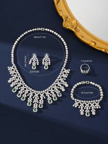 4 件迪拜中东豪华宴会项链、手链、耳环、戒指套装、沙特阿拉伯新娘婚礼微型密镶绿色锆石流苏 - 綠色 - 查看 4