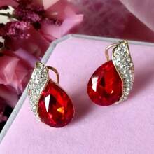 1 Đôi Thương Hiệu Hàn Quốc Hình Học Hình Thoi Hình Giả Bông Tai Pha Lê, Thời Trang Và Không Gây Dị Ứng Cho Nữ, Màu Đỏ, quà Tặng Sinh Nhật - Bông tai hình giọt nước màu đỏ cánh giọt nước (Mã hàng số 34) - Xem 4