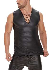 Plus Size Men Shiny Leather Tank Top Adjustable Soft Matte Leather T-Shirts Sleeveless Male High Elastic Shaping Vest