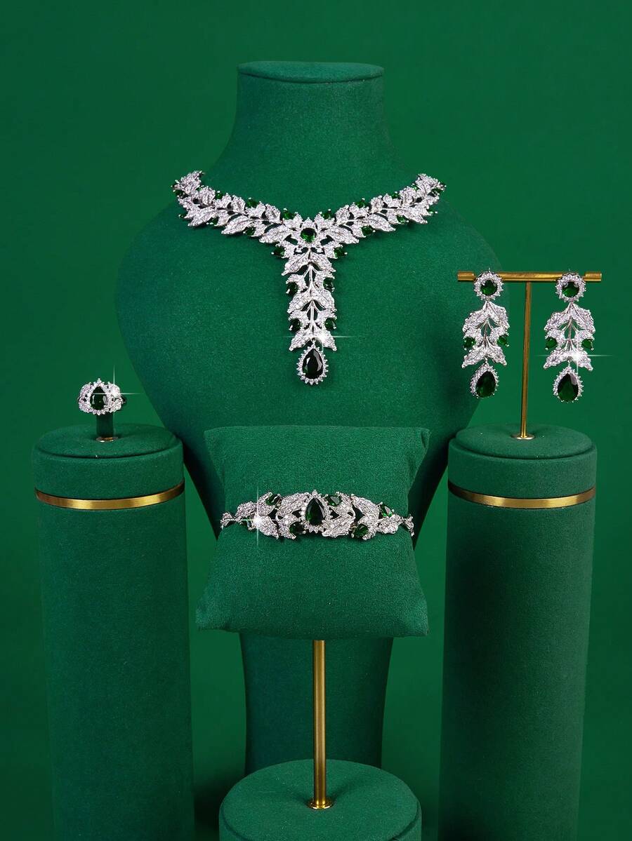 杜拜沙地阿拉伯人氣款甜美可愛華麗奢華4入組鋯石鑲嵌珠寶套裝,日常百搭一尺寸適合所有人,包括項鍊、手鐲、戒指和耳環,絕佳送女友和朋友禮物,婚禮或派對上散發優雅氣息,適用於婚禮、舞會和新娘饰品 - 四件套 - 查看 1