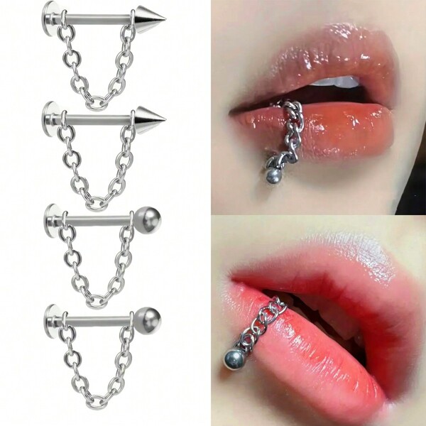 Set de 2 piezas de pendientes desmontables estilo minimalista punk de acero inoxidable con cadena de labio y perforación de cartílago, joyería para uso diario, unisex
