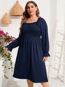 Women Plus Size Casual Dress Pleated Square Neck Long Sleeve Plaid Dress - 藏蓝色 - 查看 3