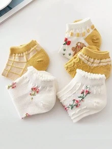 5雙入組女裝復古花卉日式風格可愛的校園風清新透氣抗菌INS潮流低幫短襪，薄款吸汗 - 彩色 - 查看 2