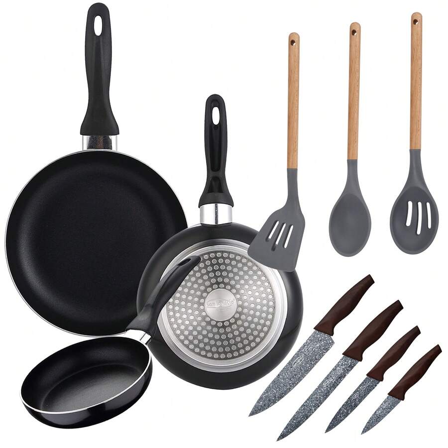 San Ignacio Pfannenset Navy Black Ø16/20/24 cm, gepresstes Aluminium, induktionsgeeignet, mit 4-teiligem Küchenmesser-Set aus Edelstahl und 3-teiligem Küchenutensilien-Set aus Nylon - Verschiedenfarbig - Übersicht 1
