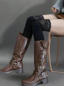 1/2/3双女士纯色蕾丝针织及膝袜，搭配长靴时尚穿搭，修饰腿型，长袜款，适合日常使用 - 黑色 - 查看 4