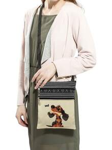 Bolso de hombro unisex con diseño lindo de perro salchicha de dibujos animados, bolsa de hombro reutilizable con impresión de perro para regalo de fiesta, bolso bandolera portátil para almacenamiento, bolso cruzado para hombre, bolso lateral, vuelta al cole, suministros escolares, bolso de mensajero de otoño, bolso para hombre, bolso cilíndrico, Halloween, Navidad - Albaricoque - Ver 3
